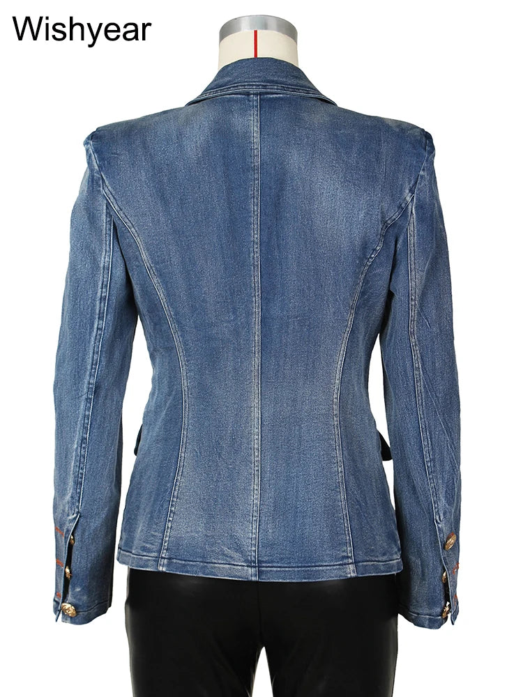 Fashion Notched Collar Long Sleeve Double Breasted Denim Coats for Women Slim Jeans Jacket Casual Streetwear Female Blazer Tops