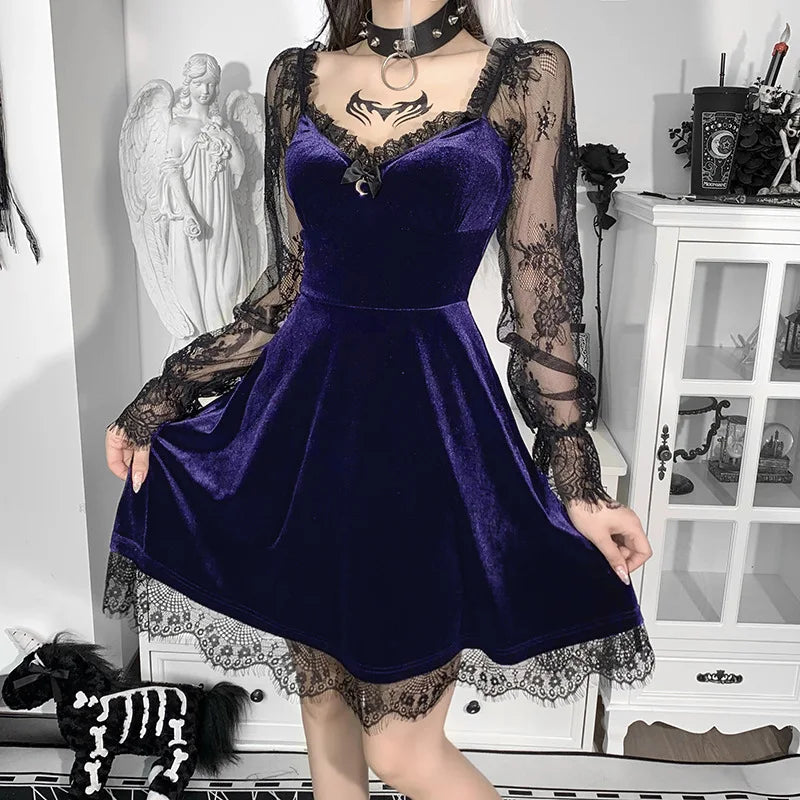 Women's Dress Gothic Style Female Dress Solid Color Lace Stitching V-Neck Long Flare Sleeve Party Clubwear For Ladies Y2k