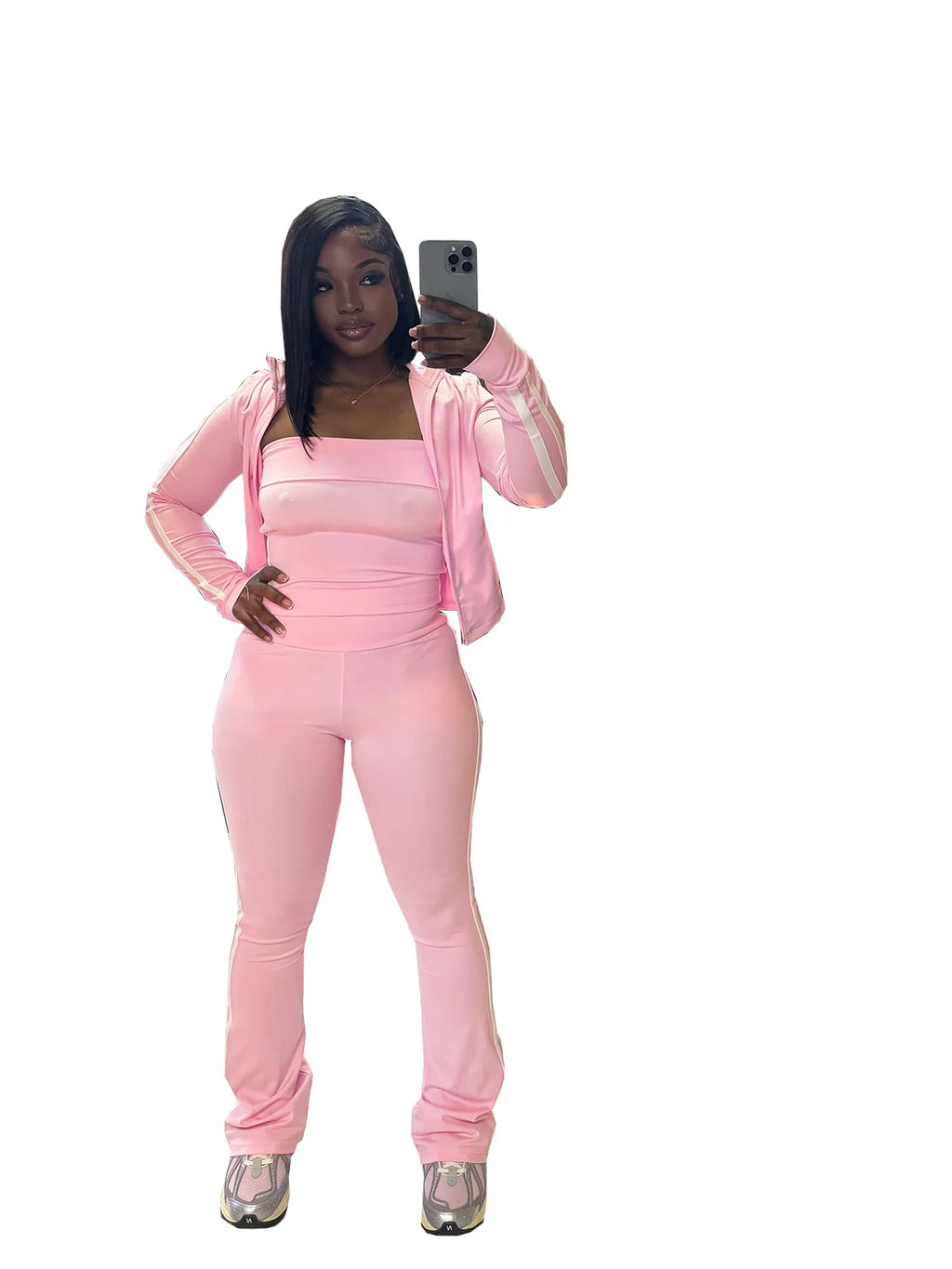 CM.YAYA Women's Set Long Sleeve Cargidan +strapless and Striped Pants Suit Three 3 Piece Set 2025 Street Active Outfit Tracksuit