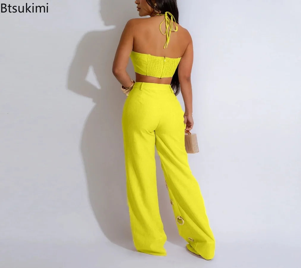 Metal Ring Hollow Out Two Piece Set Women Sexy Strapless Lace Up Halter Backless Crop Tops + Wide Leg Pants Casual Street Suits