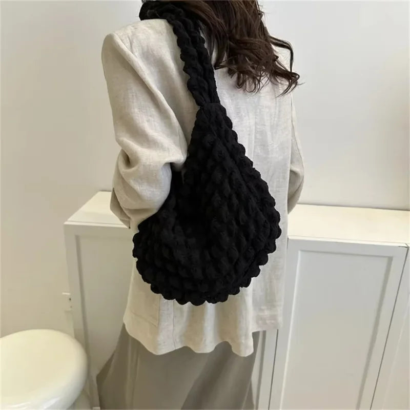 Fashion Pleated Design Shoulder Bag Cute Pleated Bubbles Solid Color Tote Bag Large Capacity Embroidered Satchel Bags Women
