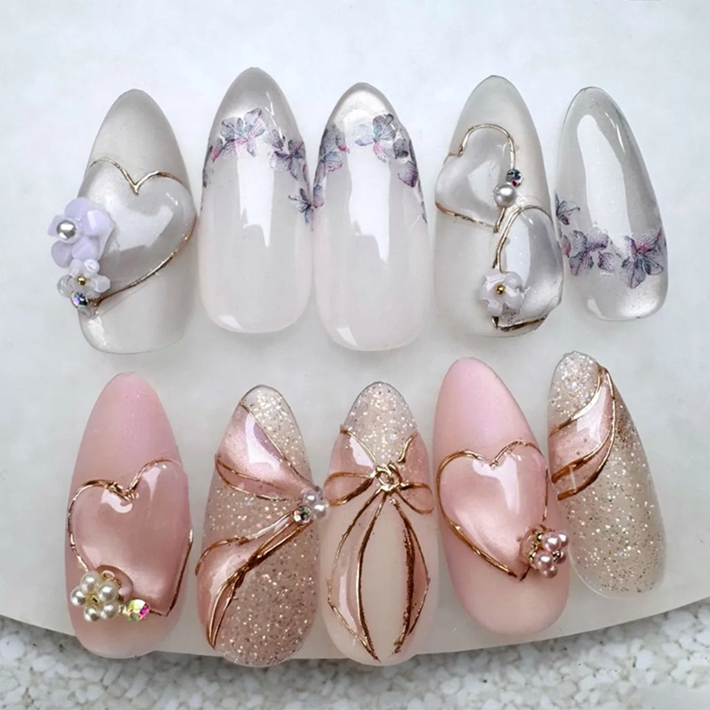 24Pcs Pearl Stars Bowknot Press on Nails French Almond Acrylic False Nails Cute Sweet Pink Fake Nails Cat Eye Glitter Nail Art