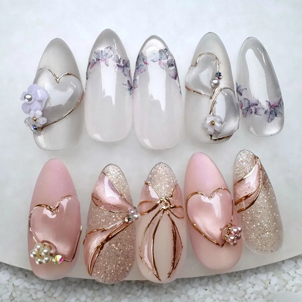24Pcs Pearl Stars Bowknot Press on Nails French Almond Acrylic False Nails Cute Sweet Pink Fake Nails Cat Eye Glitter Nail Art