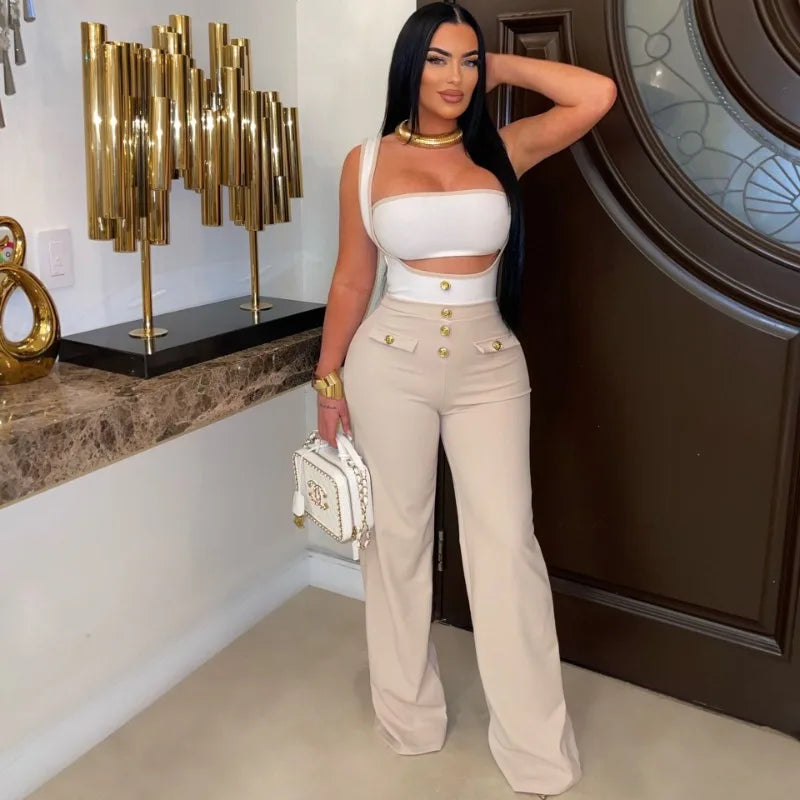 Elegant 2 Piece Sets for Women Summer Outfits Sexy Halter Tube Crop Tops Bodycon Flare Pants Set Vacation Jumpsuits Club Outfits