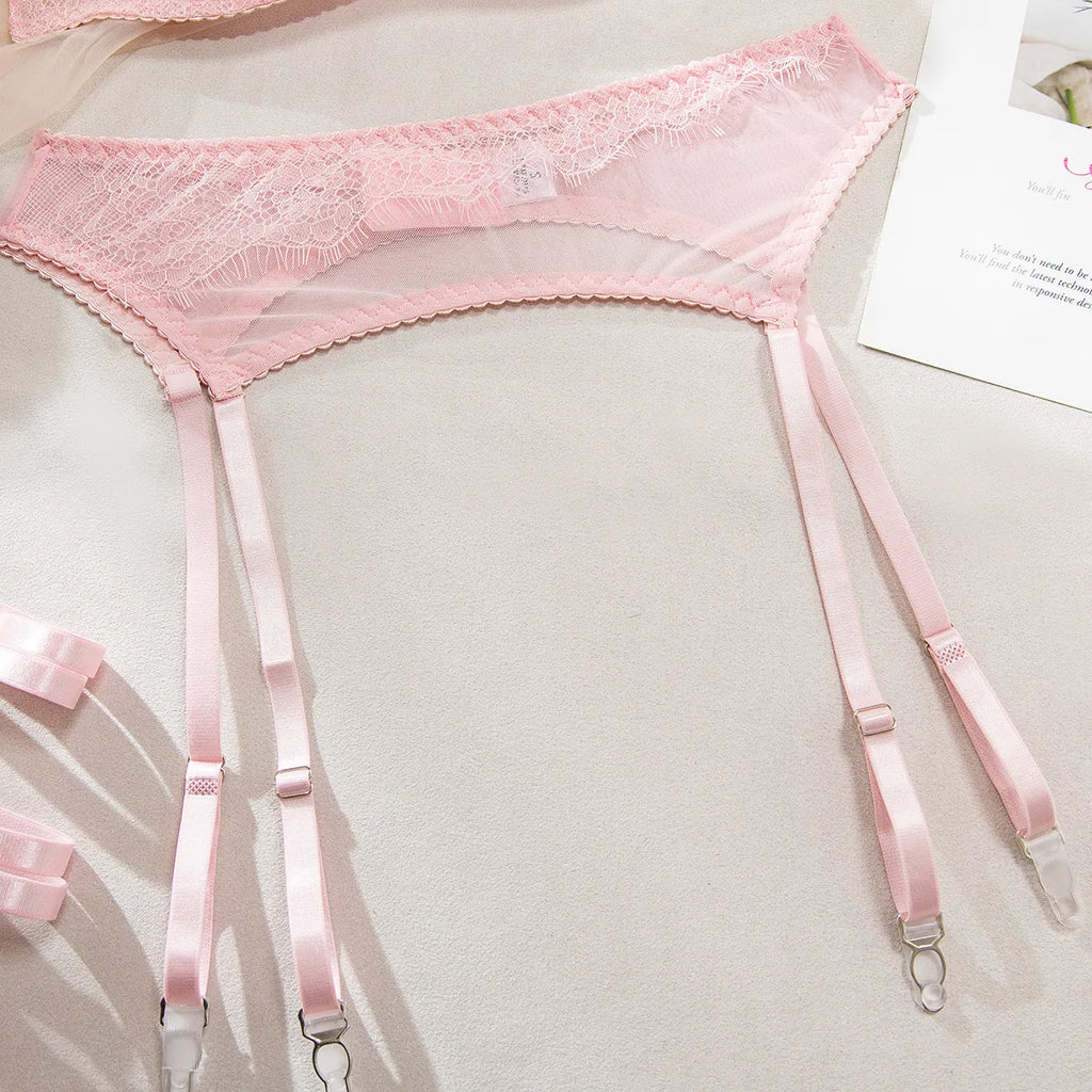 Ellolace Fancy Lingeries Sexy Hot Elegant Bra 3PC Set with Leg Circles Sissy Solid Color Intimate Eyelash Lace Patchwork Costume
