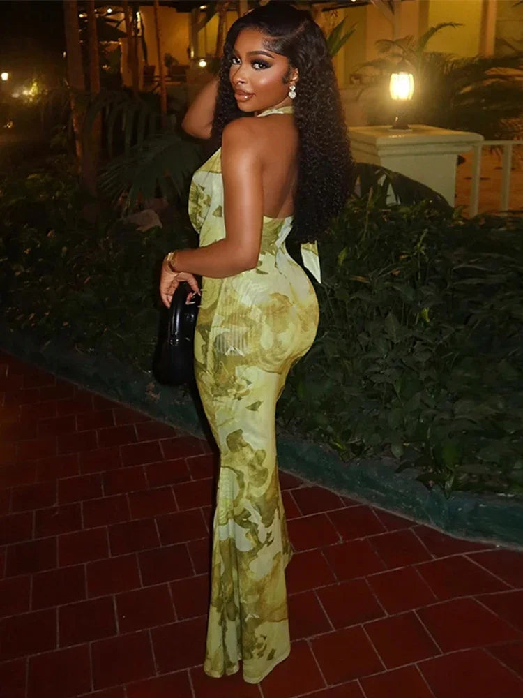 Women Sleeveless Ruched Halter V-neck High Waist Long Maxi Dress Print Birthday Night Club Party Vestidos Sexy Dresses