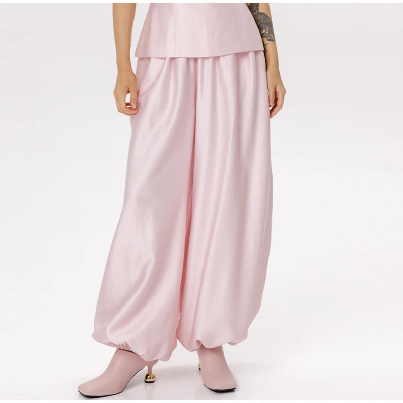 Casual Summer Women's Suit Solid Patchwork Top Long Pants Sets V-neck Short Sleeve Tops Loose Lantern Pant 2026 Lady Chic Suits