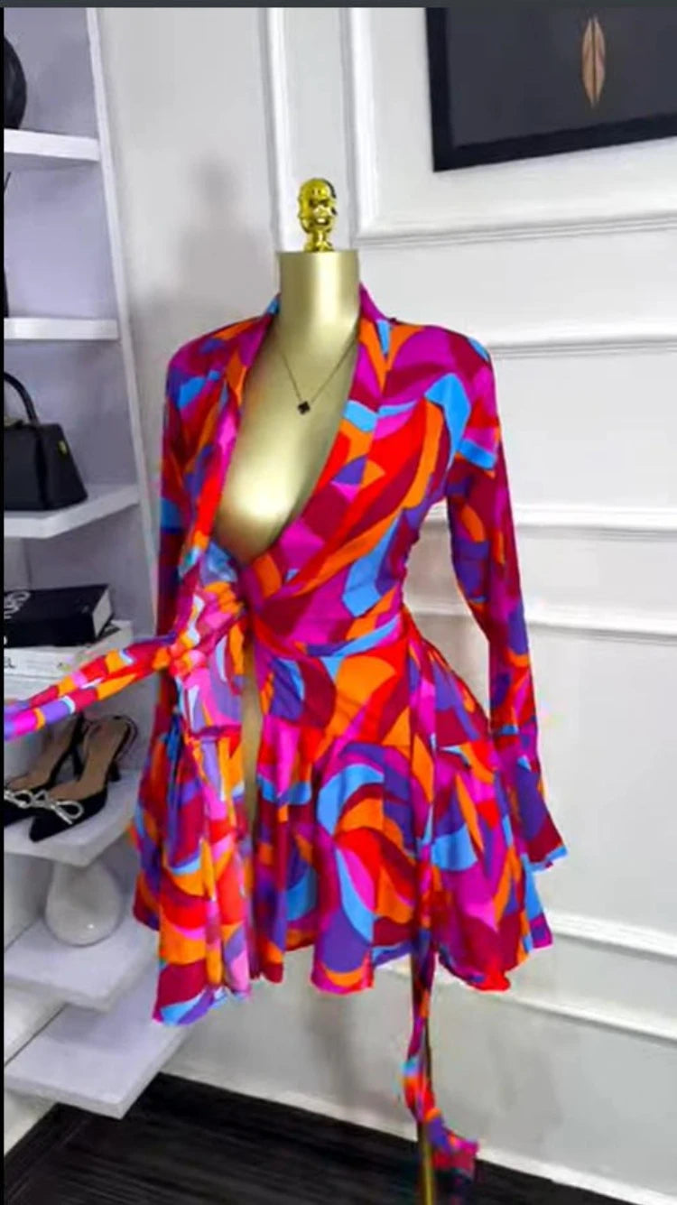 Elegant Women Tie Dye Print Flare Long Sleeve Wrap V-neck with Sashes Ruffle Dress 2026 Elegant Vacation Party Birthday Dresses