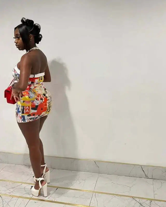 STYLISH LADY Trendy Letter Print Mini Dress 2026 Women Strapless Bodycon Casual Vacation Party Street Style Outfit