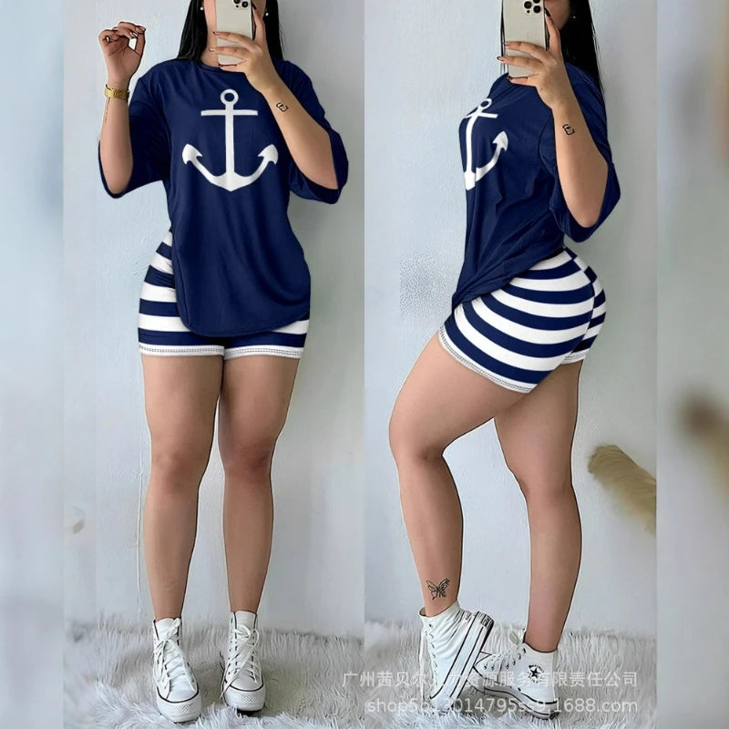 Women Two Piece Short Sets Print Slim Fit Tops Pencil Pants Casual Spliced Round Neck Top Shorts Suit Sporty Summer 2025