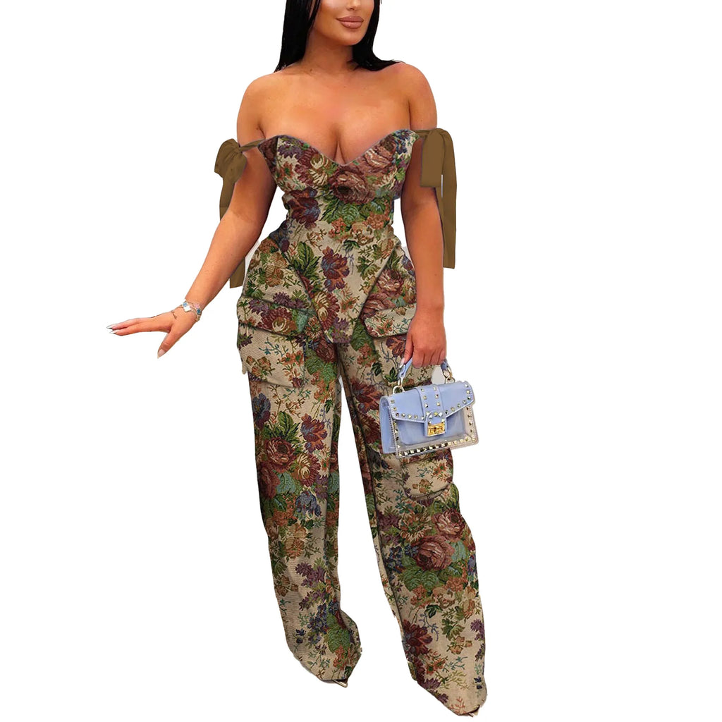 2 Piece Sets Women Print Top Straight Pants Suit Multiple Pockets Strapless Floor Length Trousers Ensemble 2025 Sexy Outfits