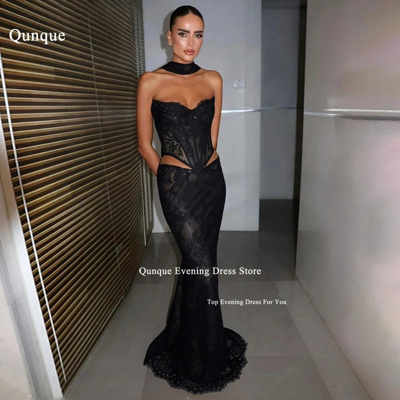 Qunque Black Customized Mermaid Evening Dresses Off The Shoulder Prom Dress Sleeveless Lace Cape Formal Evening Party Dresses