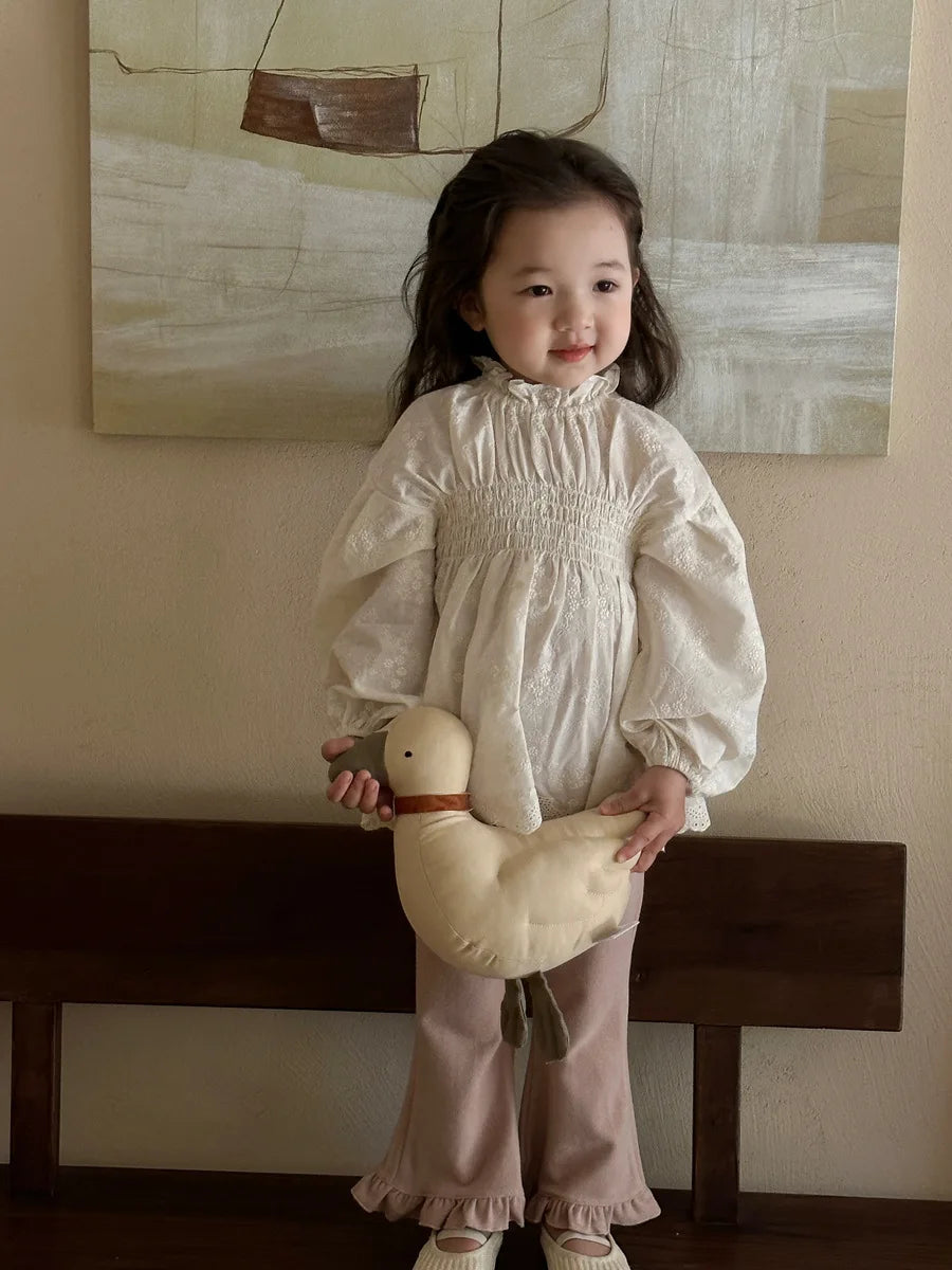 deer jonmi 2026 Spring New Korean Style Toddlers Kids Lace Embroidery Blouses Lantern Sleeve Tops Children Princess Shirts