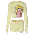 HLJ Y2K Trend Fashion Pattern Print Hooded Two Piece Sets Women Zip Long Sleeve Slim Crop Top + Skinny Pants Outfits Streetwear