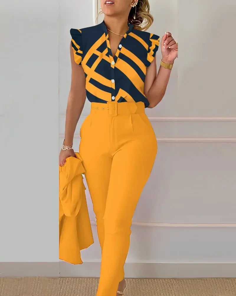 Spring Summer Women's New Printed Lotus Leaf Sleeveless Shirt Suit Elegant Slim Femal Office  Long Pants Belt Two Piece Set 2025