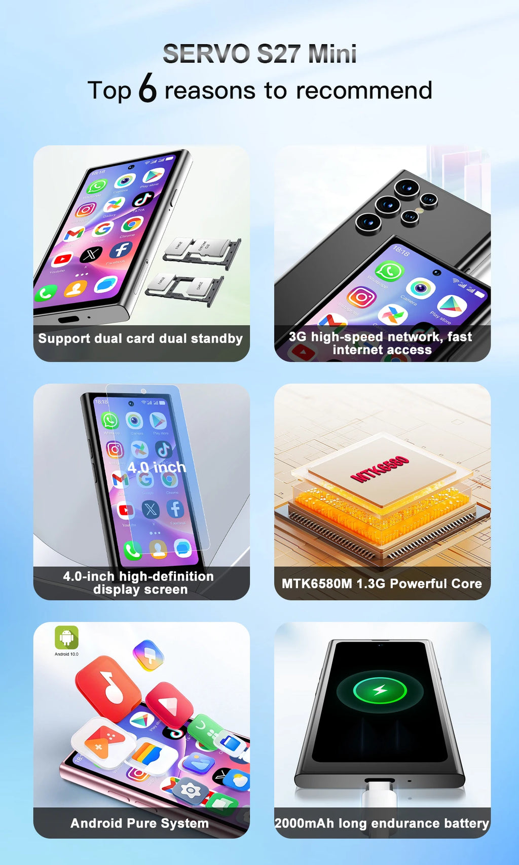 SERVO S27 Mini Smart Phone Android 10.0 WCDMA 3G Cellular Dual SIM 4.0" Display GPS 2000mAh 2+16GB Pocket Smartphones Play Store