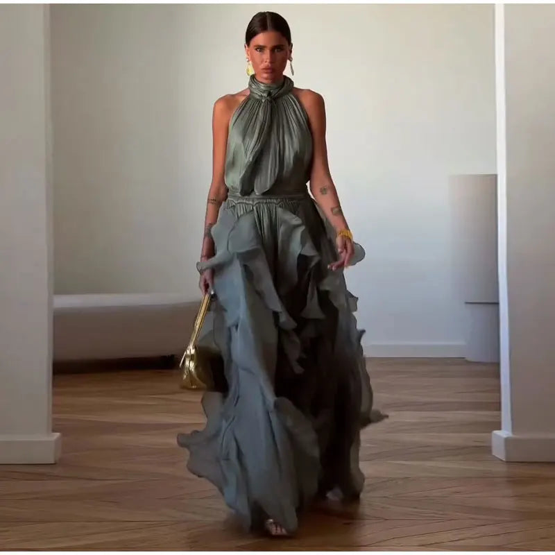 Fashion Halter Ruffle Long Dress Women Chiffon Sleeveless Ruffled Tiered Waist Cinching Party Dresses Lady Holiday Y2K Chic Robe