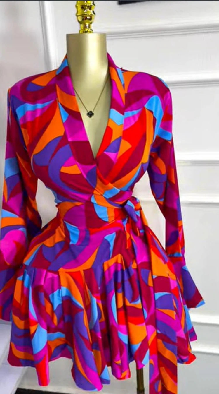 Elegant Women Tie Dye Print Flare Long Sleeve Wrap V-neck with Sashes Ruffle Dress 2026 Elegant Vacation Party Birthday Dresses