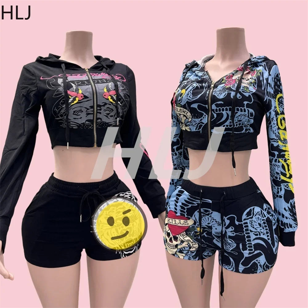 HLJ&GG Fashion Y2K Pattern Print Hooded Two Piece Sets Outfits Women Zipper Long Sleeve Crop Top And Shorts Tracksuit Streetwear
