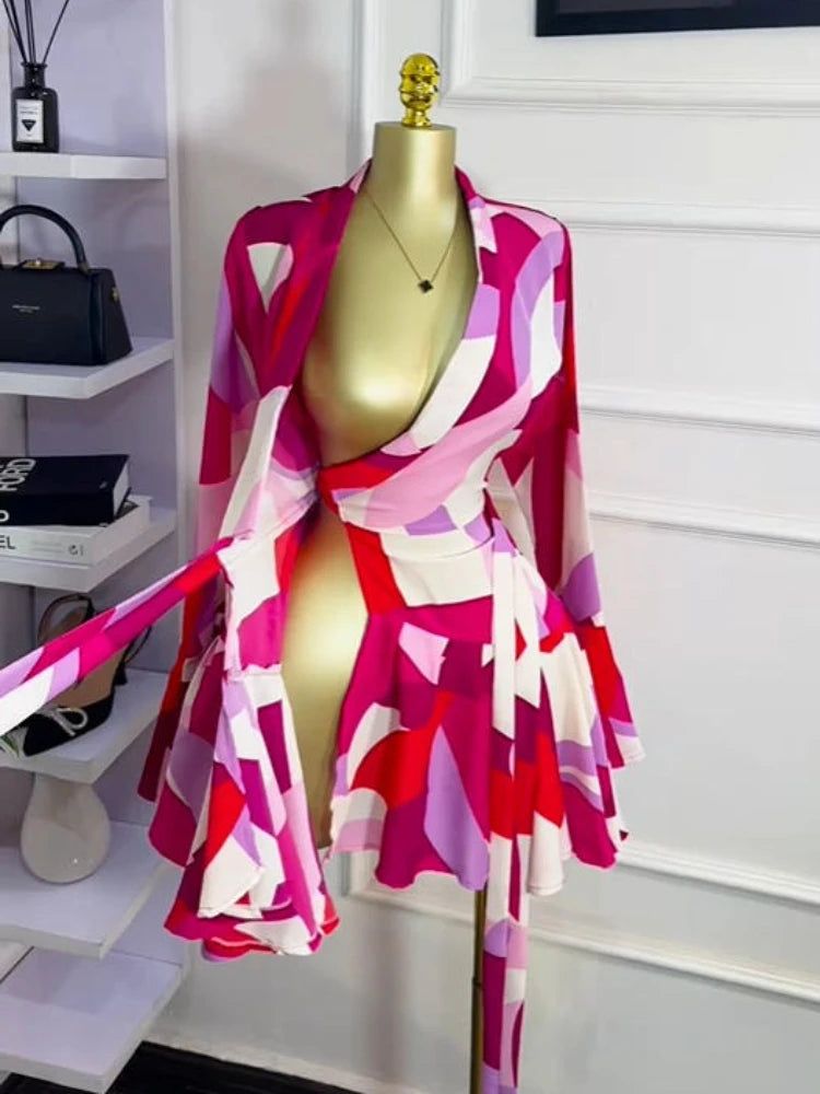 Elegant Women Tie Dye Print Flare Long Sleeve Wrap V-neck with Sashes Ruffle Dress 2026 Elegant Vacation Party Birthday Dresses