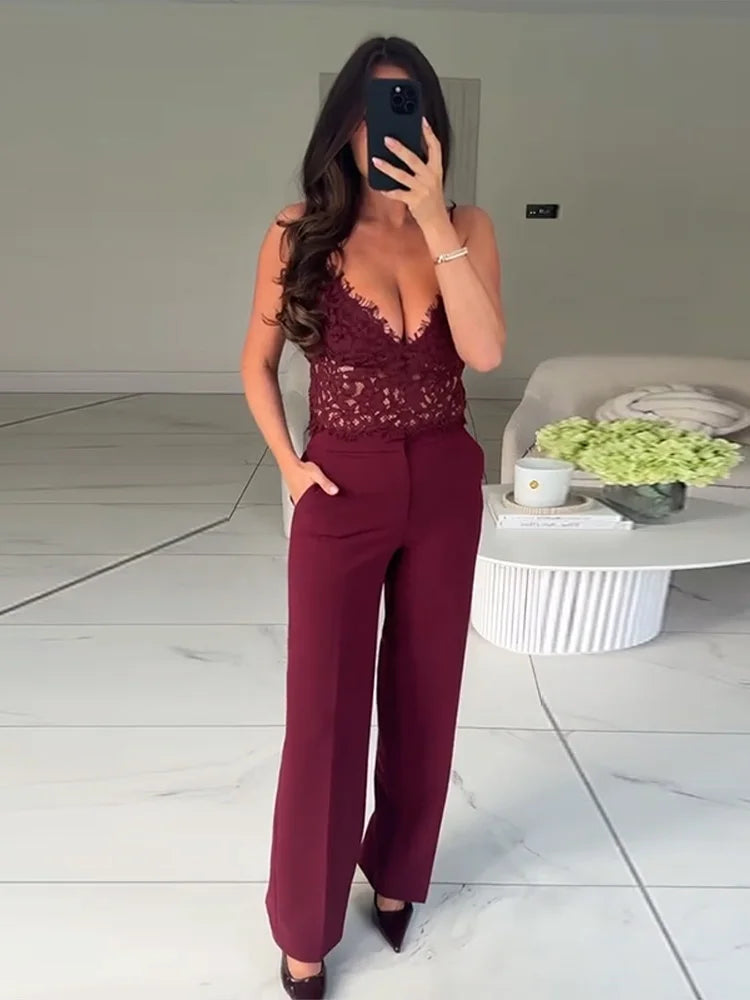 Elegant Feathers Women Blazer Pants Suit Lapel Button Coat Straight Wide Leg Trousers Lady Set 2026 Spring Female Outfits
