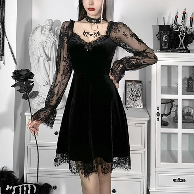 Women's Dress Gothic Style Female Dress Solid Color Lace Stitching V-Neck Long Flare Sleeve Party Clubwear For Ladies Y2k