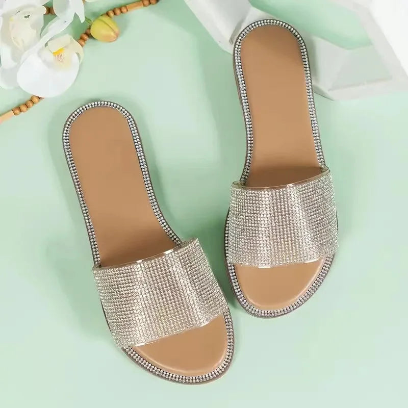 2024 New Shiny Rhinestone Fashion Ladies Slippers Outdoor Women Roman Shoes Flat Sandals Female Casual Beach Crystal Slides