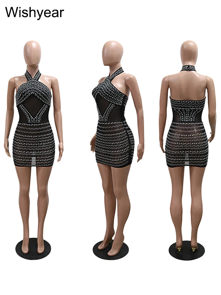 Sexy Halter Backless Sleeve Bodycon Mini Dress Black Sheer Mesh Rhinestone Party Birthday Summer Night Club Women Prom Vestidos
