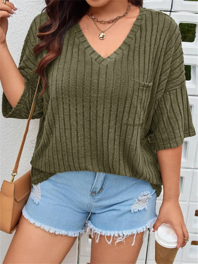 GIBSIE Plus Size Drop 3/4 Sleeve Loose Rib-knit T Shirt Women Summer 2025 Solid Color V-Neck Pocket Casual Female Tops Tees