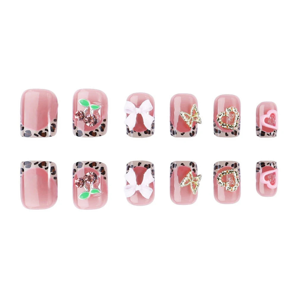 24pcs Short Square Leopard French Press On Nails y2k Nude Pink False Nails With 3D Cherry Crystal/Butterfly/Bow Charms Fake Nail