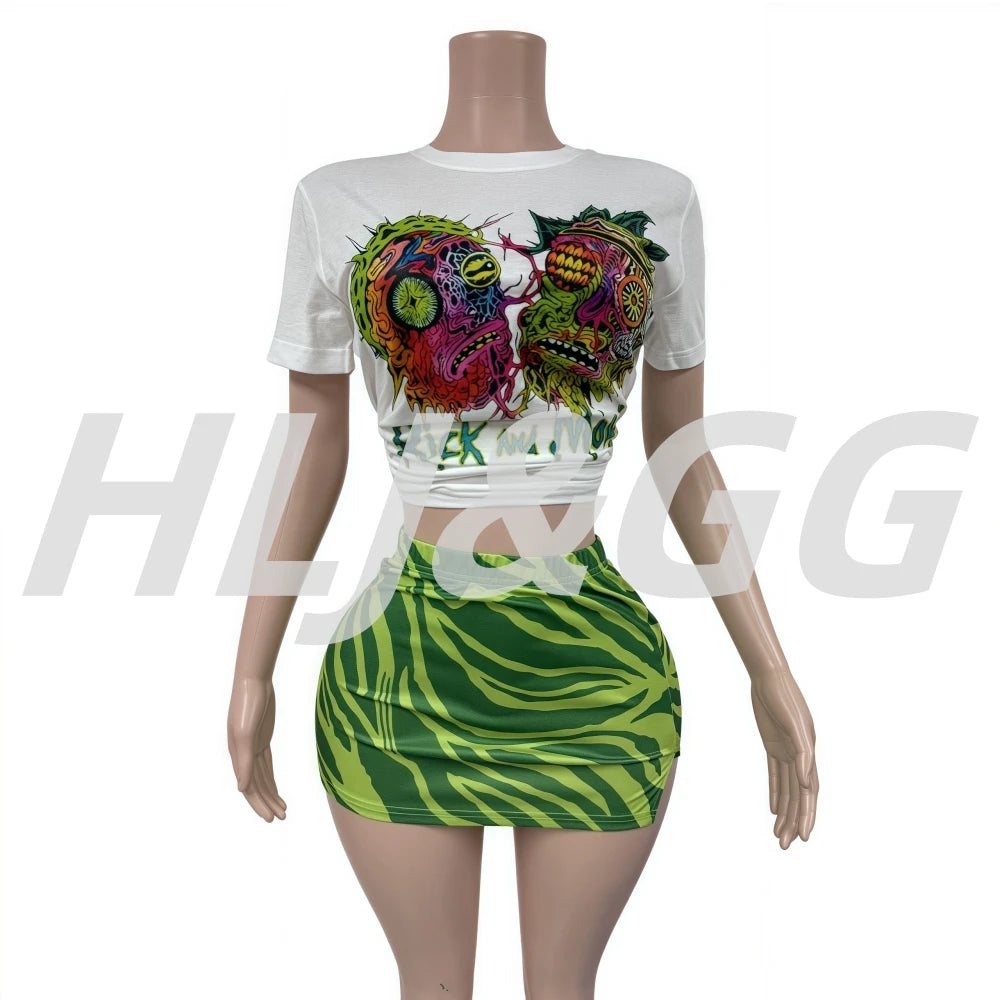 HLJ&GG Y2K Streetwear Women Pattern Printing Round Neck Short Sleeve Tshirt And Mini Skirts Two Piece Sets Fashion 2pcs Outfits