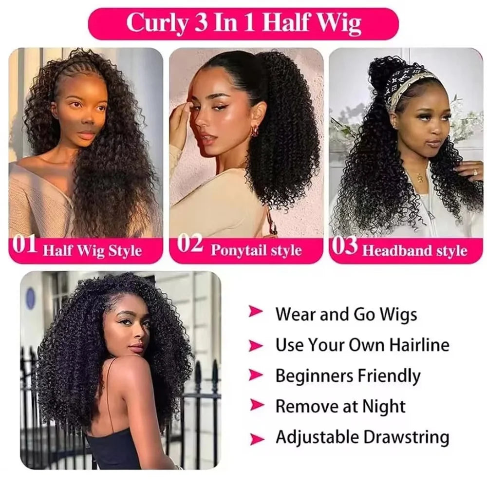 Half Wig Glueless Human Hair Wigs With Drawstring Seamless Clips 250 Density Kinky Curly Half Wigs Full Machine Made Wig