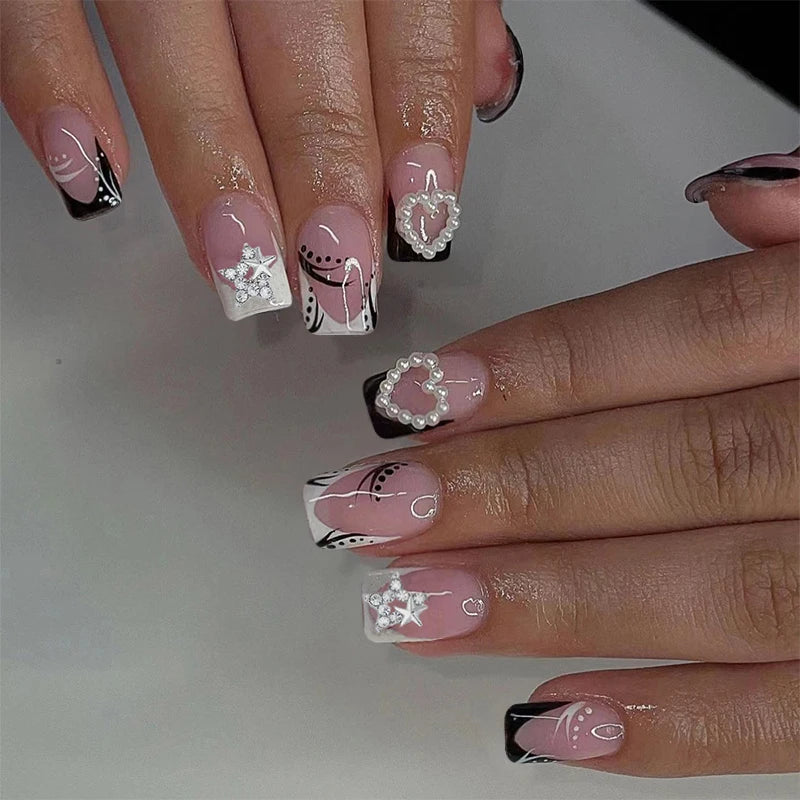24Pcs White Fake Nails Press on Nails French Pink Bow Design Gentle Flower Acrylic False Nail with Jelly Glue Wearable Manicure