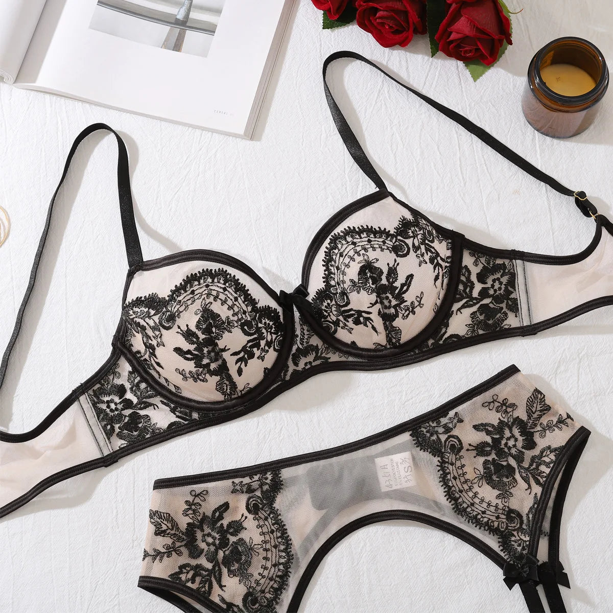 Diccvicc Floral Embroidery Lingerie See Through Lace Garter Underwear Woman Complete Set Extreme Sexy Intimate Kit Erotic Outfit