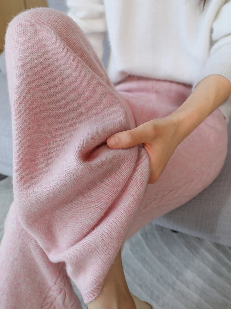 100% Merino Wool Wide Leg Pants Women's Elastic Waist Twist Flower Jacquard Trousers Autumn Winter Soft Solid Knitted Wool Pants