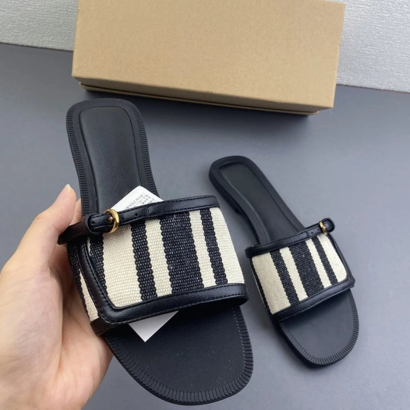 Striped Canvas Flat Slide Women Sandals Buckle Open Toe Slip-On Slippers Casual Summer Shoes Comfort Beach and Outdoor Wear