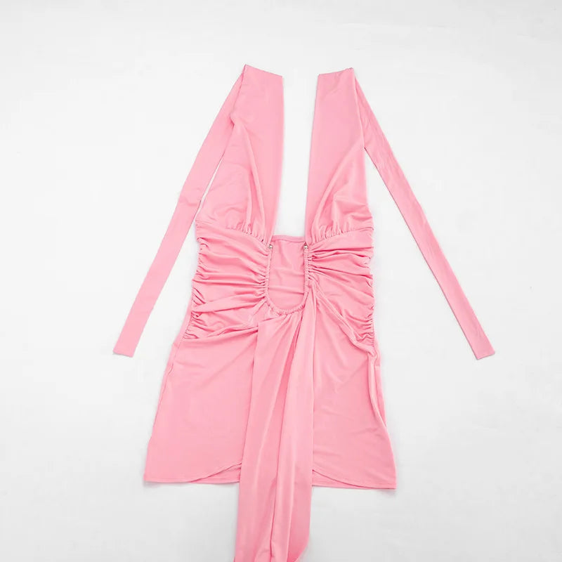 Metal Ring Ribbon Ruched Bodycon Mini Dress Women Solid Sexy Deep V Neck Lace Up Halter Backless Wrap Hip Slim Party Clubwear