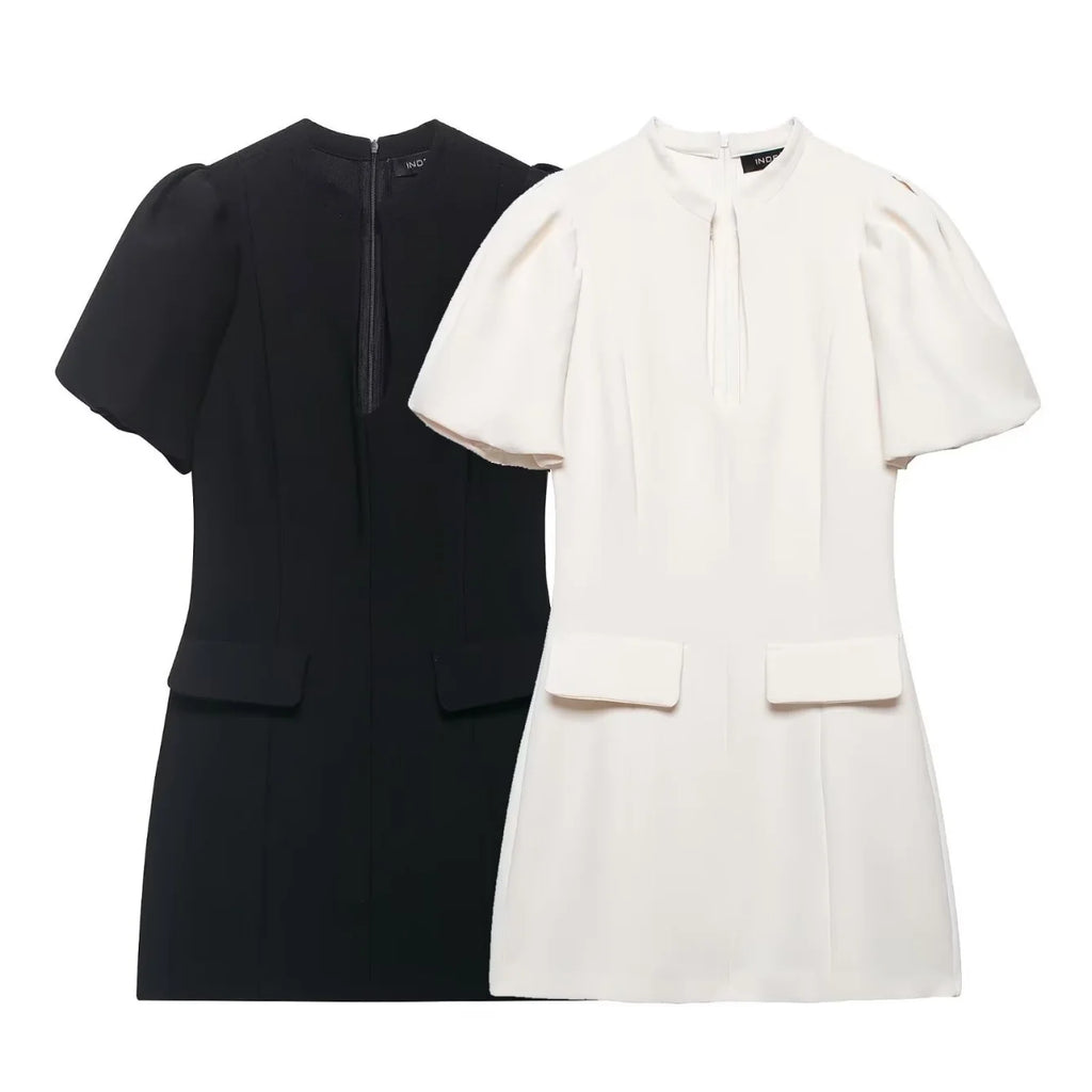 Women Elegant Chic Puff Sleeve Mini Dress Summer New Female O-Neck Hollow-Out Zipper Short Dress Fashion Lady Party Date Dress