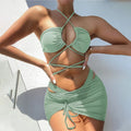 3 Pieces Cross Halter Bikinis Set 2025 Skirt Swimwear Women High Waist Drawstring Bandage Swimsuit Summer Biquini