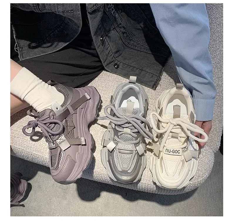 Women's Chunky Sneakers  Breathable Mesh Platform Sports Shoes Woman Fashion Lace Up Thick Sole Casual Shoes Mujer 2024