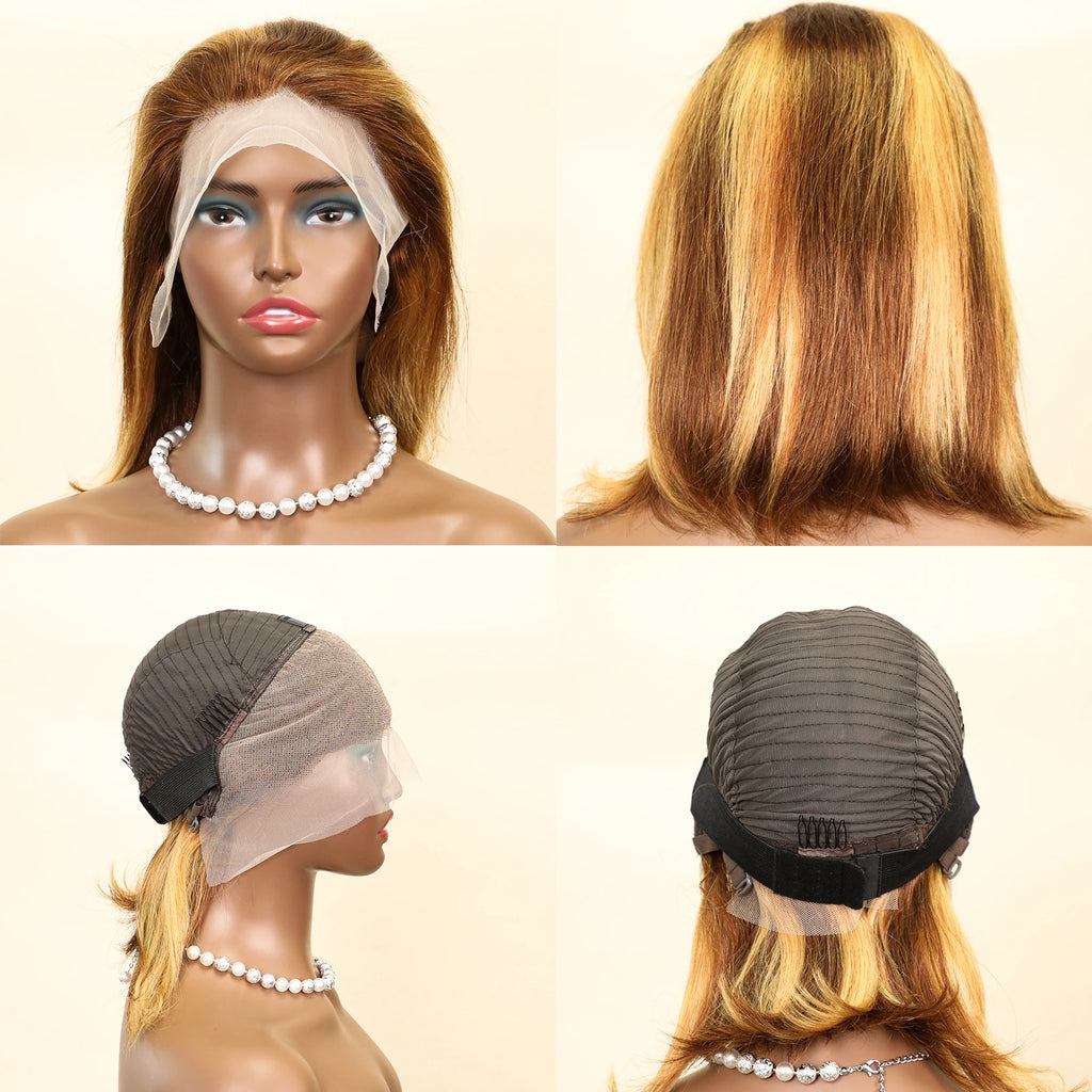 Straight Highlight Ombre Bob Wigs Human Hair 4/27 Honey Brown 13x4 Transparent Lace Front Human Hair Brazilian Wig Density200%