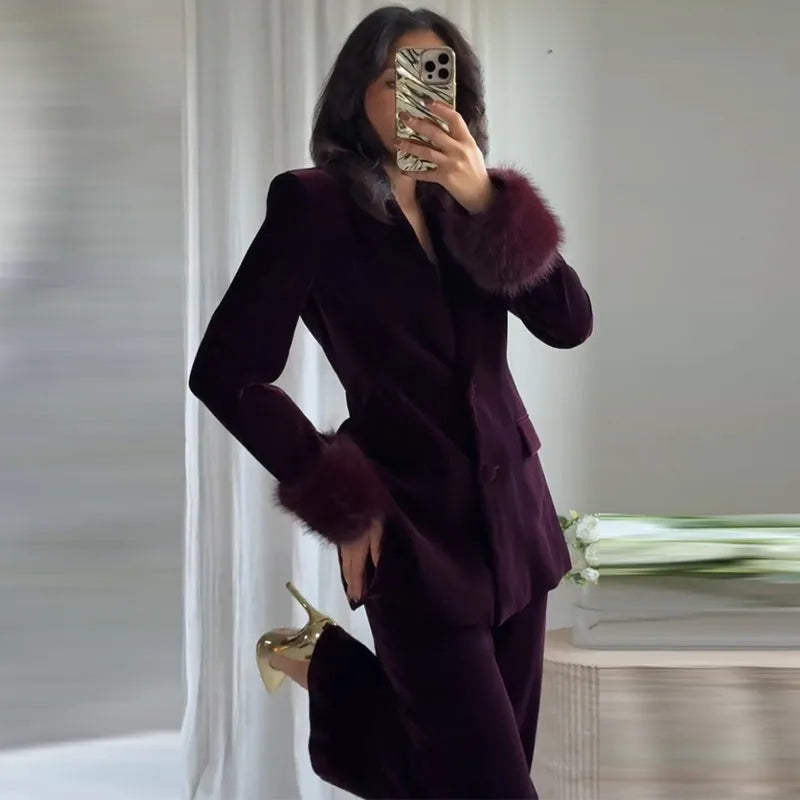Elegant Feathers Women Blazer Pants Suit Lapel Button Coat Straight Wide Leg Trousers Lady Set 2026 Spring Female Outfits