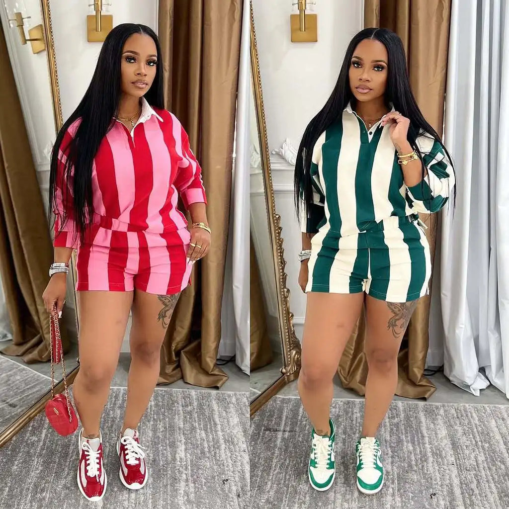 Shorts Pant Set Women Two Piece Sets Short Sleeve Matching Sets Striped Top High Waist Pants Suit Casual Y2k Streetwear Jogger