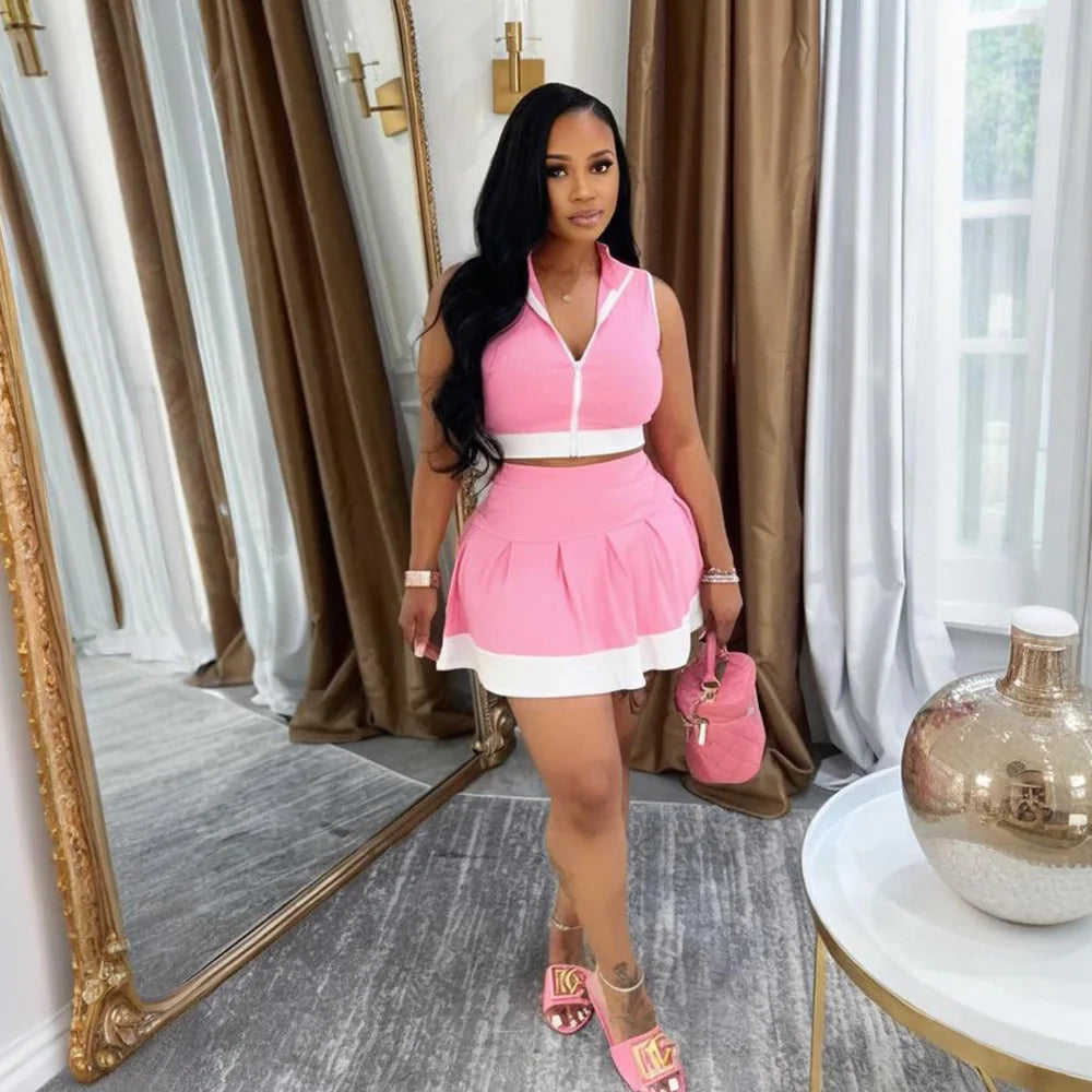 Women Two Piece Sets Shorts Skirt Set Zipper Sleeveless Sexy Tops Short Skirts A Line High Waist Y2k Streetwear Elegant Work