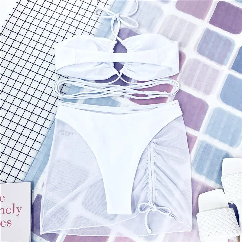 3 Pieces Cross Halter Bikinis Set 2025 Skirt Swimwear Women High Waist Drawstring Bandage Swimsuit Summer Biquini