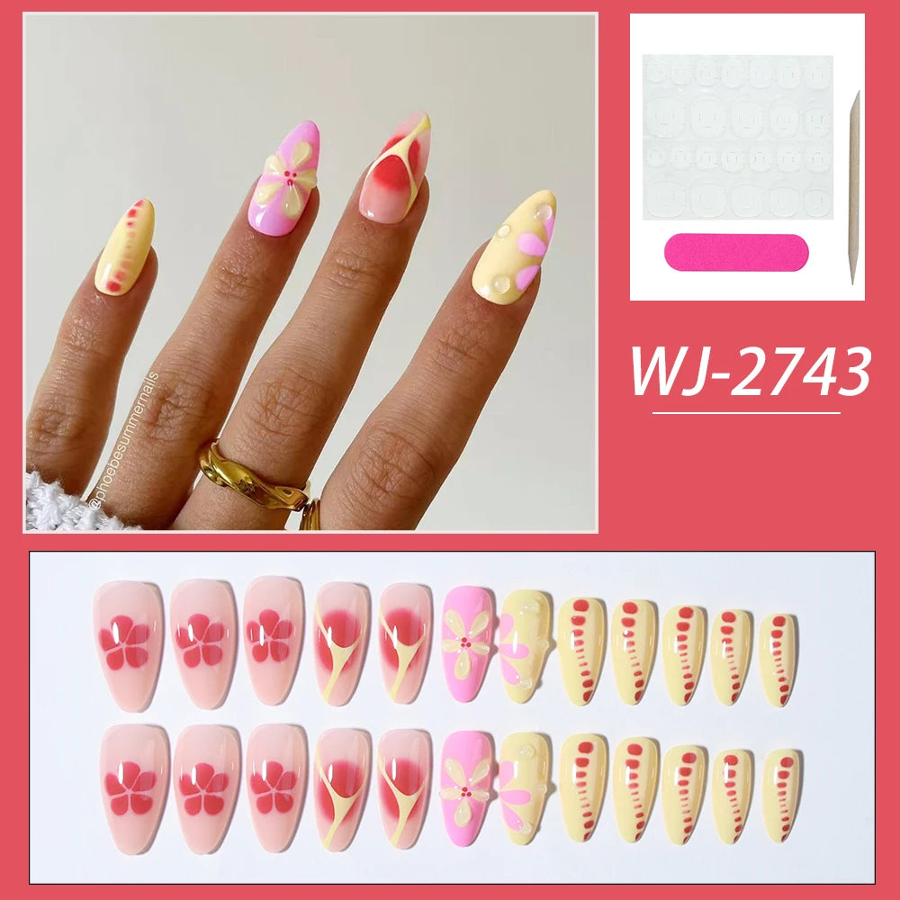 24 pcs  long almond French press on nails,3D gel  flower manicure design, summer manicure, suitable for women and girls to wear