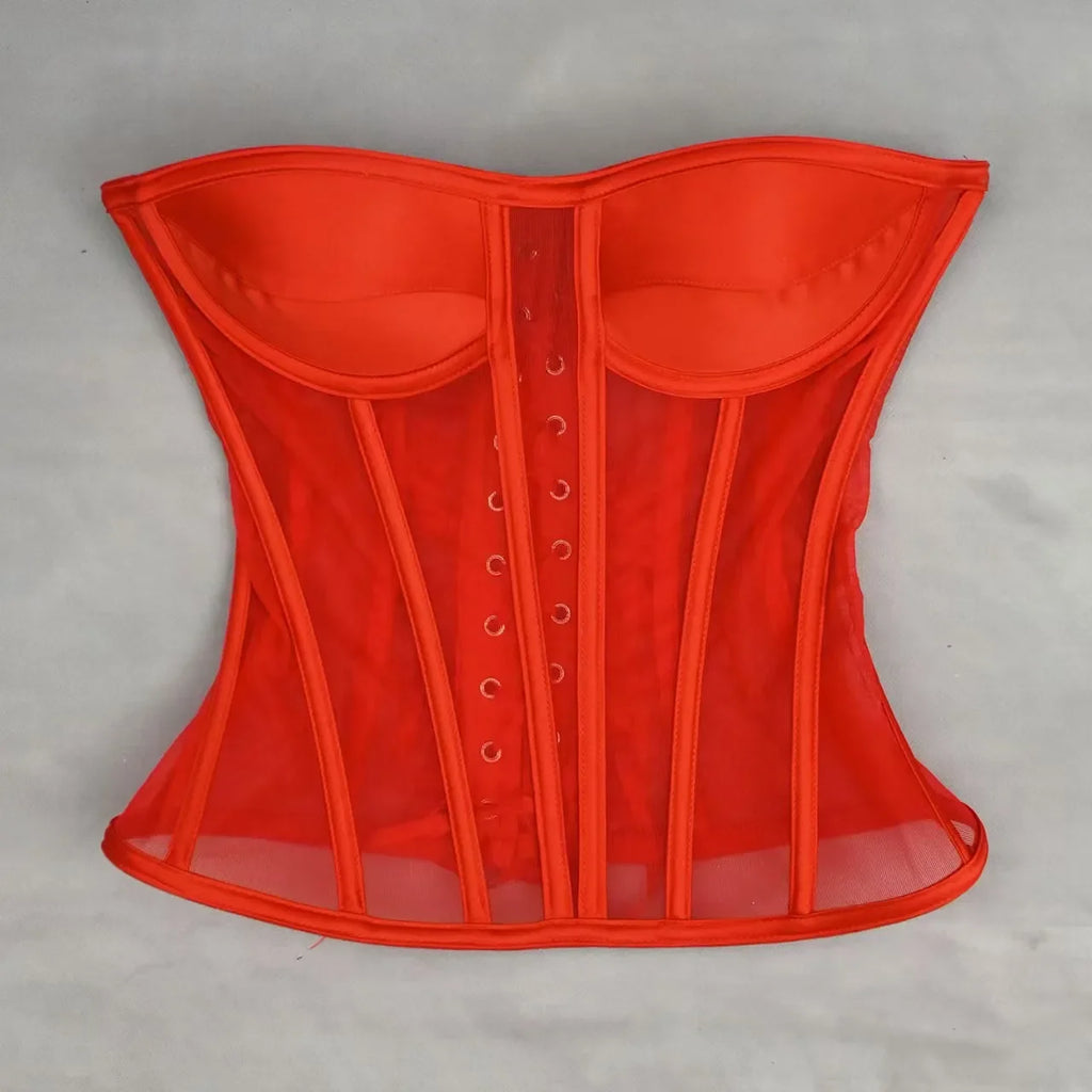 Women Corset Bustier With Bra Transparent Mesh Bodices For Wedding Body Shaper Slimm Waist Lace Up Boned Strapless Tube Tops