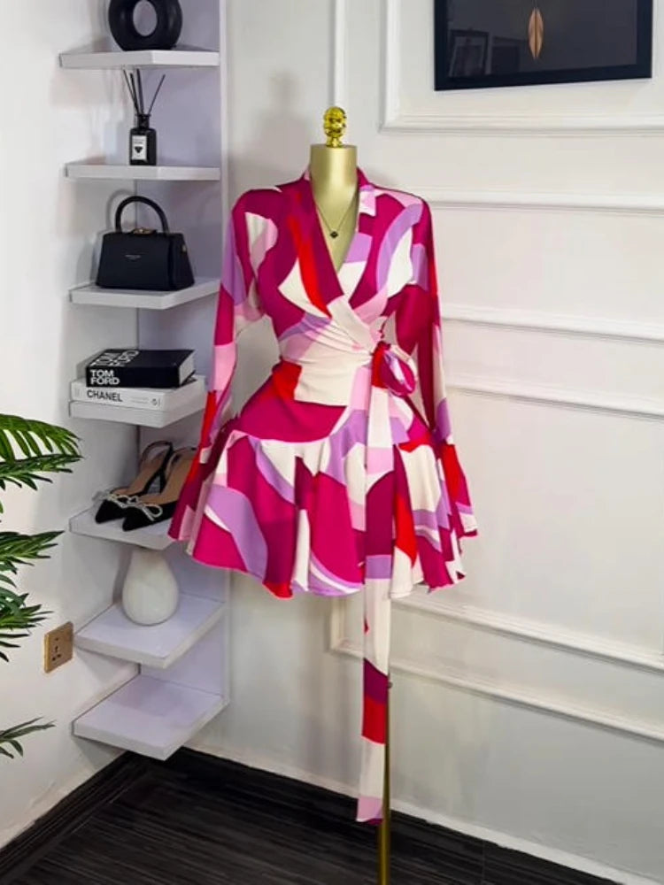 Elegant Women Tie Dye Print Flare Long Sleeve Wrap V-neck with Sashes Ruffle Dress 2026 Elegant Vacation Party Birthday Dresses