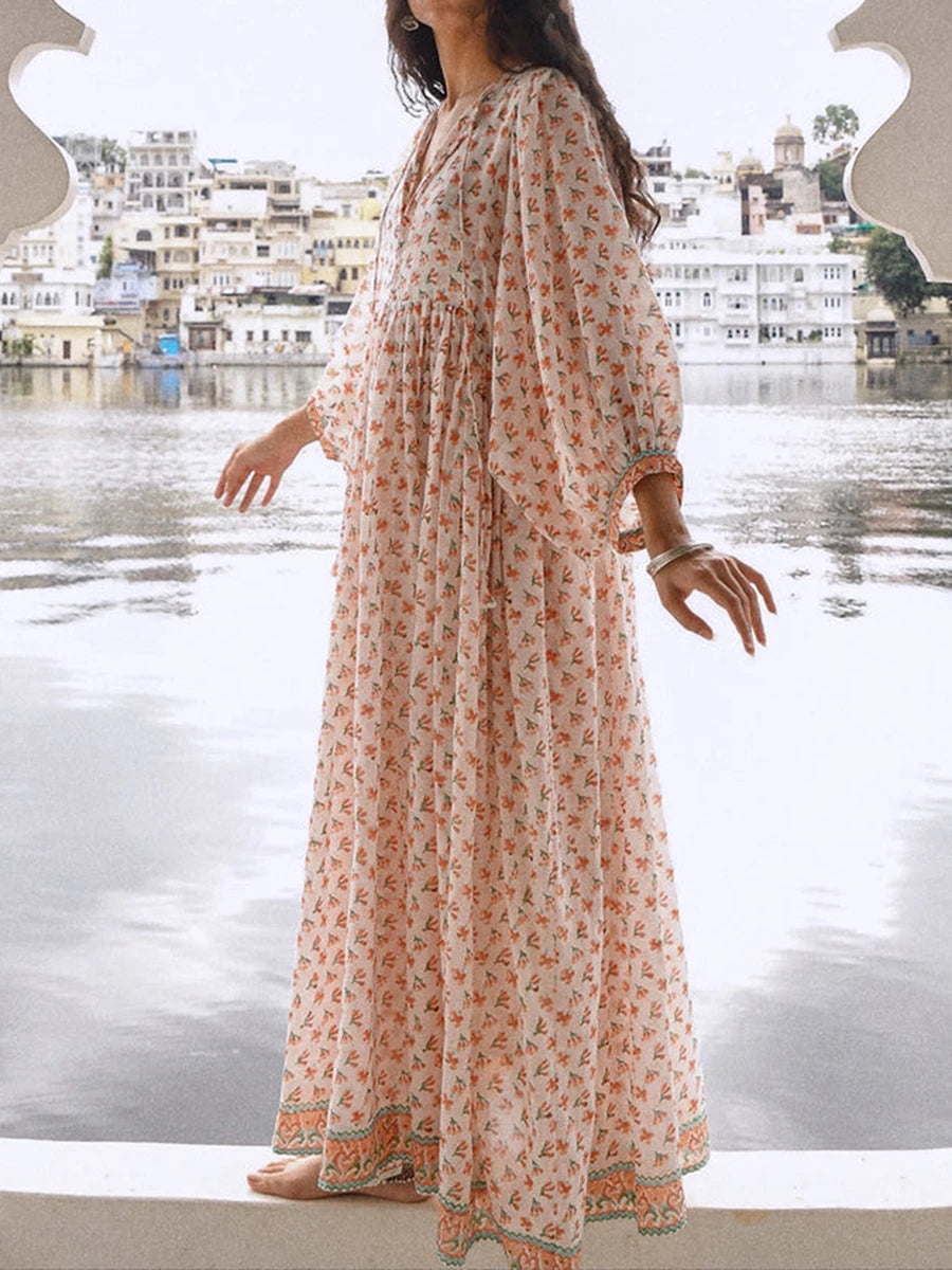 Women Floral Maxi Dress Y2k Boho Printed 3/4 Lantern Sleeve V Neck Dress Holiday Beach Loose Swing Sundress Party Clubwear