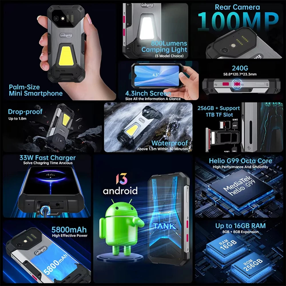 Unihertz 8849 Tank Mini Rugged 12GB+256GB 4.3 Inch Android 13 5800mAh Helio G99 Octa Core 100MP Cameras Global Version